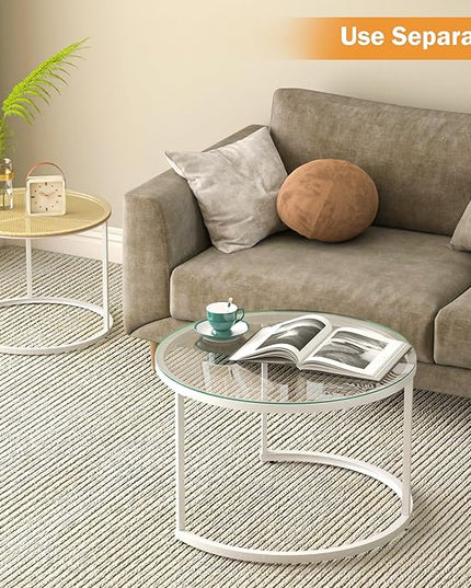 Round Coffee Table Rattan, Boho Coffee Table White, Nesting Coffee Table Set of 2, Circle Coffee Tables for Living Room, Metal Frame - LeafyLoom
