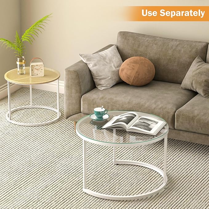 Round Coffee Table Rattan, Boho Coffee Table White, Nesting Coffee Table Set of 2, Circle Coffee Tables for Living Room, Metal Frame - LeafyLoom