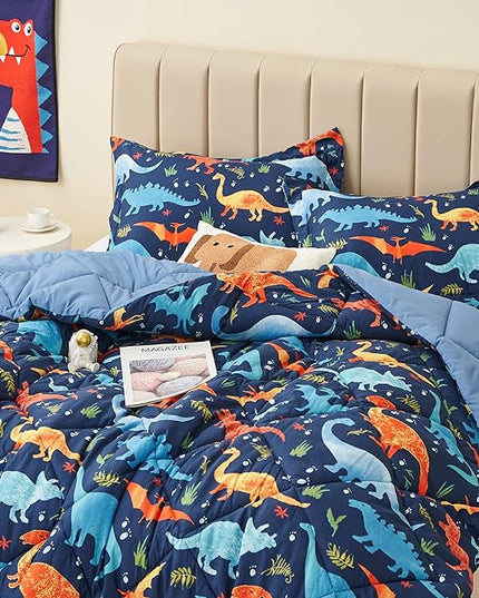 Queen Dinosaur Kids Bedding Set for Boys, 3 Pieces Queen Dinosaur Kids Comforter Sets, Super Soft Lightweight for All Seasons, Includes 1 Comforter (88"x88") and 2 Pillowcase (20"x26"+2") - LeafyLoom