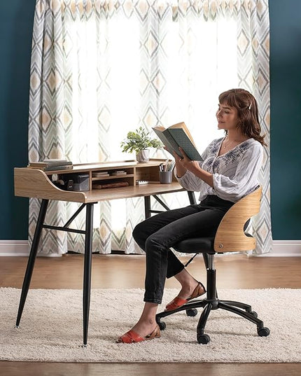 Calico Designs 51260 Woodford 45” Wide Modern, Secretary, Writing, Desk with Low Storage Hutch and Black Metal Tapered Legs in Ashwood, Black / Ashwood - LeafyLoom