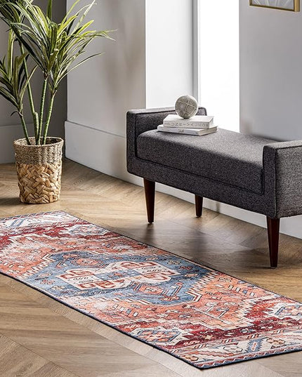 nuLOOM Marli Machine Washable Faded Medallion Ultra Thin Runner Rug, 2' 6" x 8', Rust - LeafyLoom