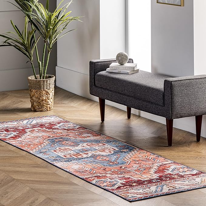 nuLOOM Marli Machine Washable Faded Medallion Ultra Thin Runner Rug, 2' 6" x 8', Rust - LeafyLoom