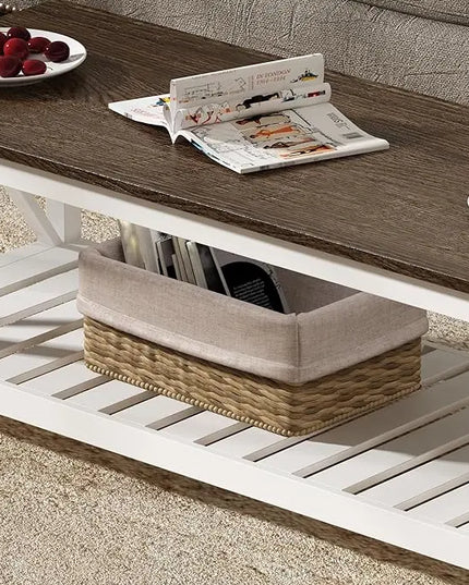ChooChoo Farmhouse Coffee Table, Rustic Vintage Living Room Table with Shelf, 47 White - LeafyLoom