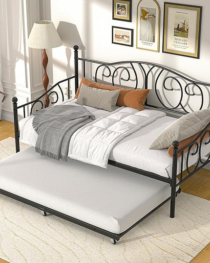 VECELO Twin Daybed with Trundle, Metal Day Bed with Classic Headboard, Multifunctional Platform Beds for Bedroom, Living Room, Guest Room, No Boxing Spring Needed, Black - LeafyLoom