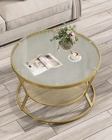 O&K FURNITURE Round Gold Coffee Table, 2-Tier Coffee Table for Living Room, Gold Glass Coffee Table with Ring-Shaped Frames, Center Table for Home&Office, Gold Finish - LeafyLoom
