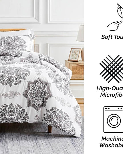 Southshore Fine Living, Inc. Oversized Full/Queen Comforter Bedding Set, Down Alternative Boho Bedspread, Paisley Floral Print Comforter, Full Size/Queen with 2 Matching Shams, Grey on White - LeafyLoom