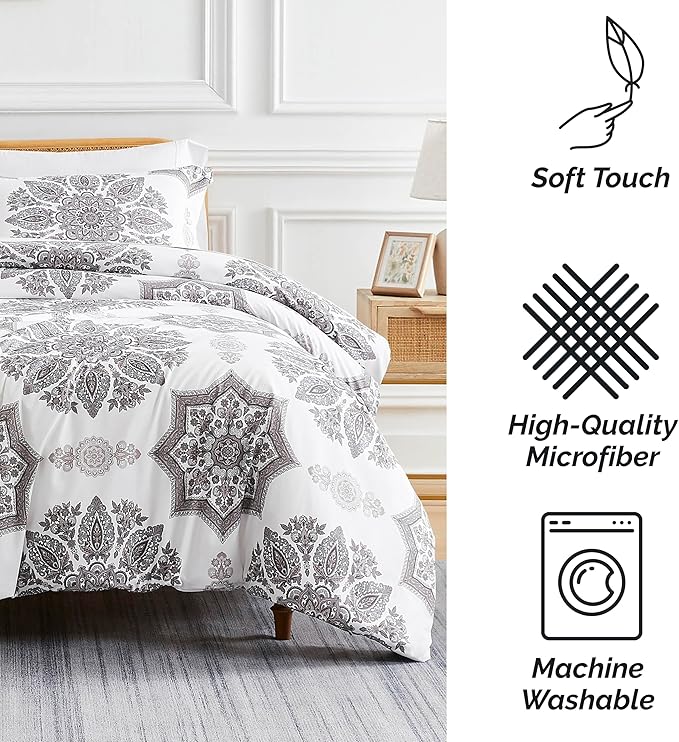 Southshore Fine Living, Inc. Oversized Full/Queen Comforter Bedding Set, Down Alternative Boho Bedspread, Paisley Floral Print Comforter, Full Size/Queen with 2 Matching Shams, Grey on White - LeafyLoom