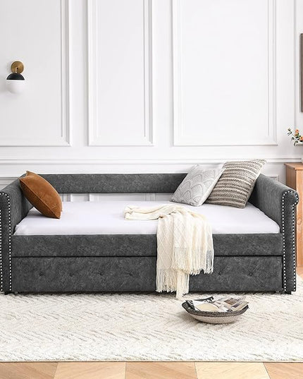 Full Size Daybed with Twin Trundle,Bedroom Upholstered Sofa Bed with Button Tufted and Copper Nail on Round Arms, No Spring Box Need,Grey (85.5"x57"x30.5") - LeafyLoom