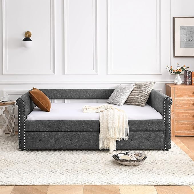 Full Size Daybed with Twin Trundle,Bedroom Upholstered Sofa Bed with Button Tufted and Copper Nail on Round Arms, No Spring Box Need,Grey (85.5"x57"x30.5") - LeafyLoom