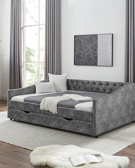 Full Size Daybed with 2 Storage Drawers,Linen Upholstered Sofa Bed W/Button on Back & Copper Nail on Waved Shape Armrests,No Spring Box Need,Wood Bedframe for Living Room Bedroom Dorm,Grey - LeafyLoom