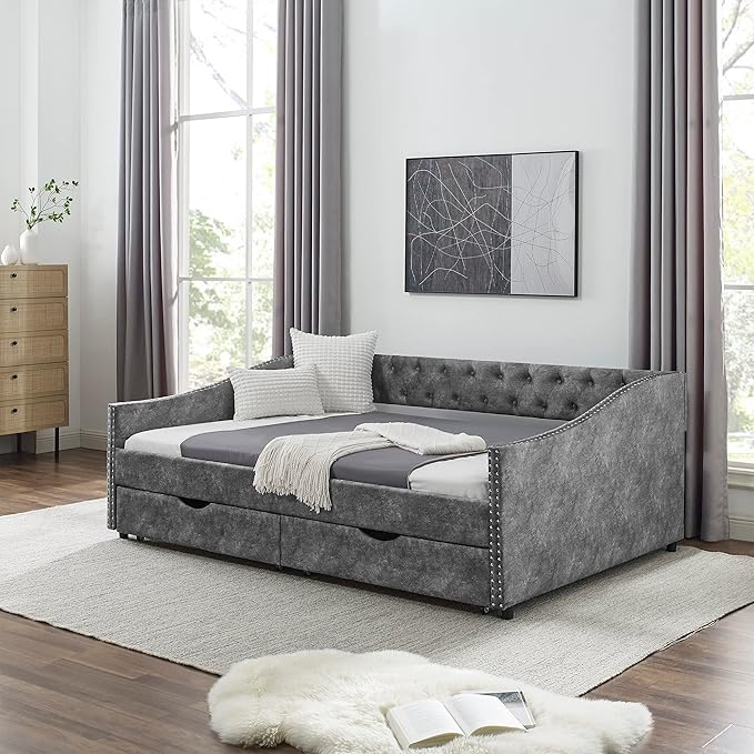 Full Size Upholstered Daybed with Two Drawers,Button Tufted Sofa Bed with Nailhead Trim, No Spring Box Need,for Bedroom,Livingroom,Small Space,Grey (80.5''x55.5''x27.5'') - LeafyLoom