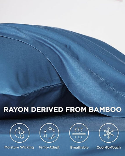 Bedsure Twin XL Sheet Set Dorm Bedding, Cooling Sheets Twin Extra Long Sheets, Rayon Derived from Bamboo, Deep Pocket Up to 16", Hotel Luxury Silky Bedding Sheets & Pillowcases, Peacock Blue - LeafyLoom