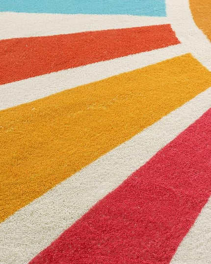 Small Round Rug 4 Ft Washable Round Rug for Kids Room, Colorful Sun Circle Rug for Playroom, Non-Slip Circular Office Carpet Soft Rainbow Rug for Bedroom Reading Corner Dorm - LeafyLoom