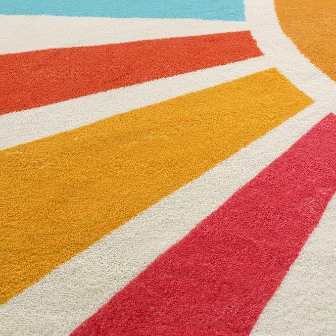 Small Round Rug 4 Ft Washable Round Rug for Kids Room, Colorful Sun Circle Rug for Playroom, Non-Slip Circular Office Carpet Soft Rainbow Rug for Bedroom Reading Corner Dorm - LeafyLoom