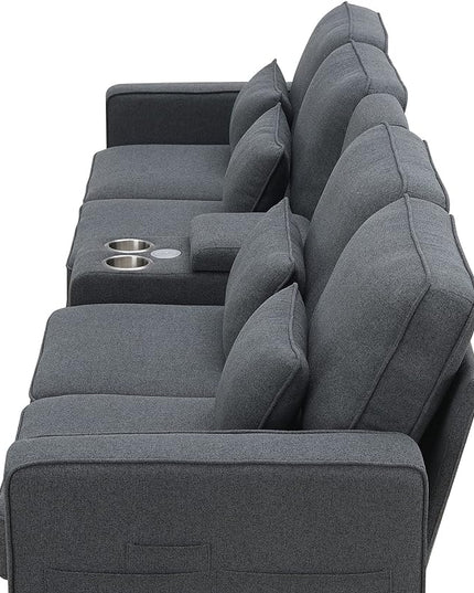Upholstered Sectional Sofa with Console, 2 Cup Holders and 2 USB Ports & Wirelessly Charged, Modern Linen Fabric 4-Seat Couch with 4 Pillows for Living Room, Apartment, Office, 114.2inch - LeafyLoom