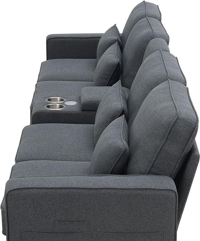 Upholstered Sectional Sofa with Console, 2 Cup Holders and 2 USB Ports & Wirelessly Charged, Modern Linen Fabric 4-Seat Couch with 4 Pillows for Living Room, Apartment, Office, 114.2inch - LeafyLoom