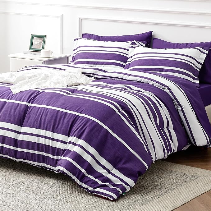 Bedsure Bed in a Bag Queen Size 7-Piece Purple White Striped Bedding Comforter Sets All Season Bed Set, 2 Pillow Shams, Flat Sheet, Fitted Sheet and 2 Pillowcases - LeafyLoom