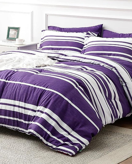 Bedsure Bed in a Bag California King Size 7-Piece Purple White Striped Bedding Comforter Sets All Season Bed Set, 2 Pillow Shams, Flat Sheet, Fitted Sheet and 2 Pillowcases - LeafyLoom