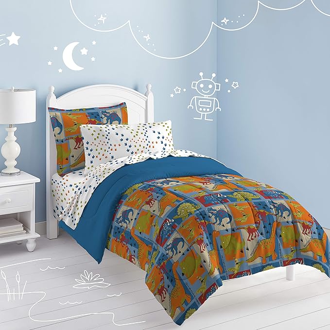Dream Factory Dinosaur Blocks Ultra Soft Microfiber Boys Comforter Set, Blue, Twin - LeafyLoom