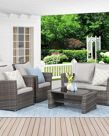 Wisteria Lane 4 Piece Outdoor Patio Furniture Sets, Wicker Conversation Set for Porch Deck, Gray Rattan Sofa Chair with Cushion - LeafyLoom
