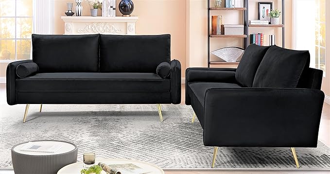 Kent Modern Sofa, European Style Velvet Living Room Furniture with Tapered Legs, Vintage Flair, and Sleek Design, Black - LeafyLoom