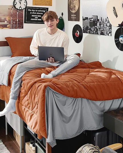 Bedsure Burnt Orange Twin Comforter Set - 5 Pieces Reversible Twin Bed in a Bag, Extra Long Twin Bed Set with Comforters, Sheets, Pillowcase & Sham, Twin Bedding Sets for College - LeafyLoom