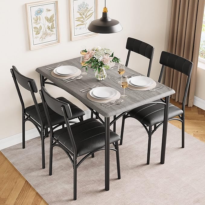 Kitchen Table and Chairs for 4, Dining Table Set for 4 with Upholstered Chairs, 5 Piece Rectangular Kitchen Table Set, Dining Room Table Set for Small Space, Apartment, Rustic Gray - LeafyLoom