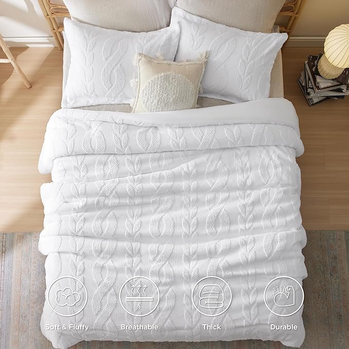 Bedsure King Size Comforter Set White, Boho Tufted Bedding Comforter Set, Farmhouse Jacquard Cable Knit Pattern Bed Set, 3 Pieces, 1 Shabby Chic Fluffy Comforter & 2 Pillow Shams - LeafyLoom