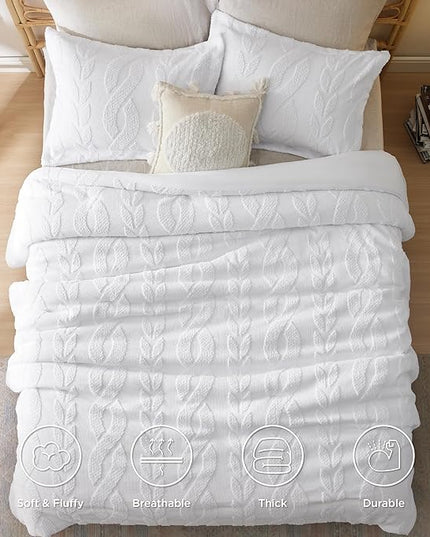Bedsure Twin/Twin XL Size Comforter Set White, Boho Tufted Bedding Comforter Set, Farmhouse Jacquard Cable Knit Pattern Bed Set, 2 Pieces, 1 Shabby Chic Fluffy Comforter & 1 Pillow Sham - LeafyLoom