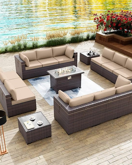 Kullavik 15 Pieces Outdoor Patio Furniture Set with 43" 55000BTU Gas Propane Fire Pit Table PE Wicker Rattan Sectional Sofa Patio Conversation Sets,Khaki - LeafyLoom