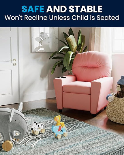 Flash Furniture Chandler Vinyl Kids Recliner with Cup Holder and Safety Recline, Contemporary Reclining Chair for Kids, Supports up to 90 lbs., Pink - LeafyLoom