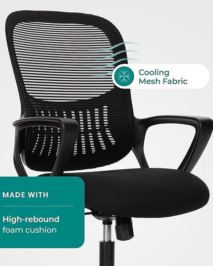 SMUG Office Computer Desk Ergonomic Mid-Back Mesh Rolling Work Swivel Task Chairs with Wheels, Comfortable Lumbar Support, Comfy Arms for Home, Bedroom, Study, Dorm, Student, Adults, Black - LeafyLoom