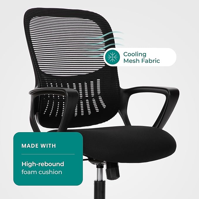 SMUG Office Computer Desk Ergonomic Mid-Back Mesh Rolling Work Swivel Task Chairs with Wheels, Comfortable Lumbar Support, Comfy Arms for Home, Bedroom, Study, Dorm, Student, Adults, Black - LeafyLoom