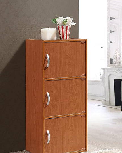 HODEDAH 3 Door Bookcase Cabinet, Cherry - LeafyLoom