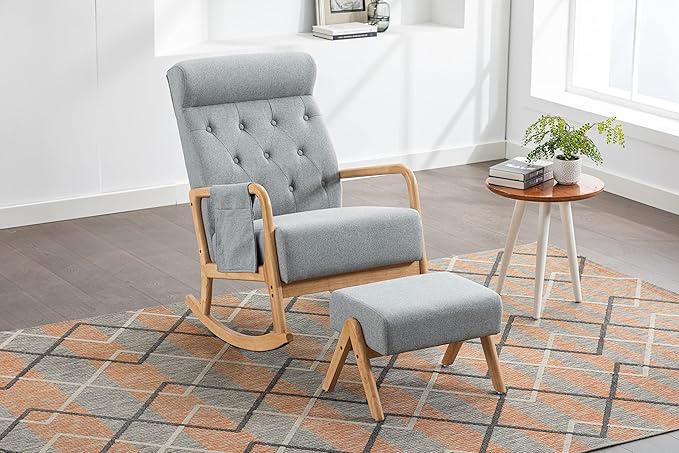 Armchair with Ottoman, Mid-Century Upholstered Accent Nursery, Glider Rocker Thick Cushion, Comfy Indoor Leisure Lounge Living Room, Bedroom, Office, Rocking Chair, Gray - LeafyLoom
