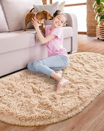 Noahas Ultra Soft Fluffy Bedroom Rugs,2.6' X 5.3' Oval Beige Fluffy Rugs for Bedroom,Small Throw Rugs, Kids Room Carpet Modern Shaggy Area Rugs Home Decor - LeafyLoom
