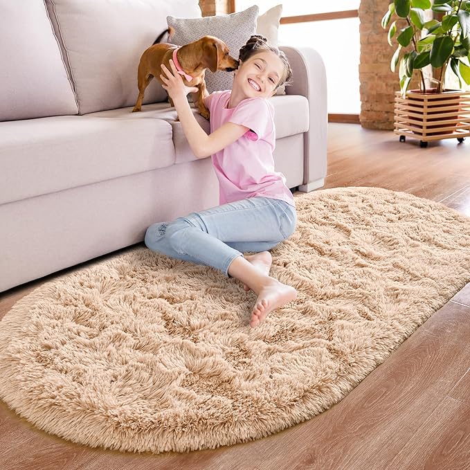 Noahas Ultra Soft Fluffy Bedroom Rugs,2.6' X 5.3' Oval Beige Fluffy Rugs for Bedroom,Small Throw Rugs, Kids Room Carpet Modern Shaggy Area Rugs Home Decor - LeafyLoom