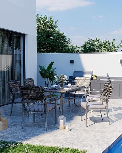 Pamapic Patio Table and Chairs Set, All-Weather Rattan Outdoor Table and Chairs with Removable Waterproof Cushions, Plastic-Wood Patio Dining Set for 6 with Umbrella Hole(Gray) - LeafyLoom