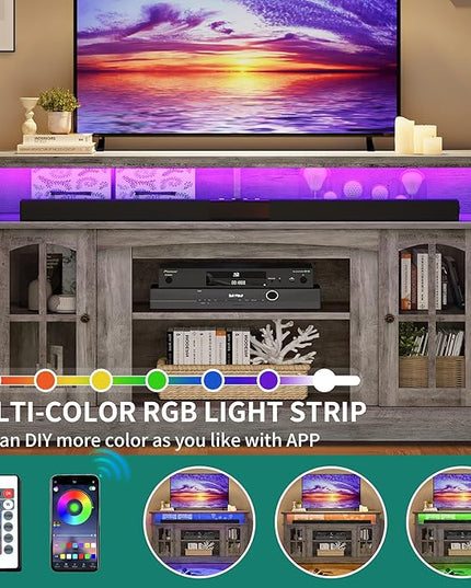 YITAHOME LED Farmhouse TV Stand for TV up to 65 Inch w/Outlets, Highboy Media Entertainment Center Console Table Adjustable Storage Shelves &Cabinet Glass Door for 400lbs for Living Room, Rustic Gray - LeafyLoom