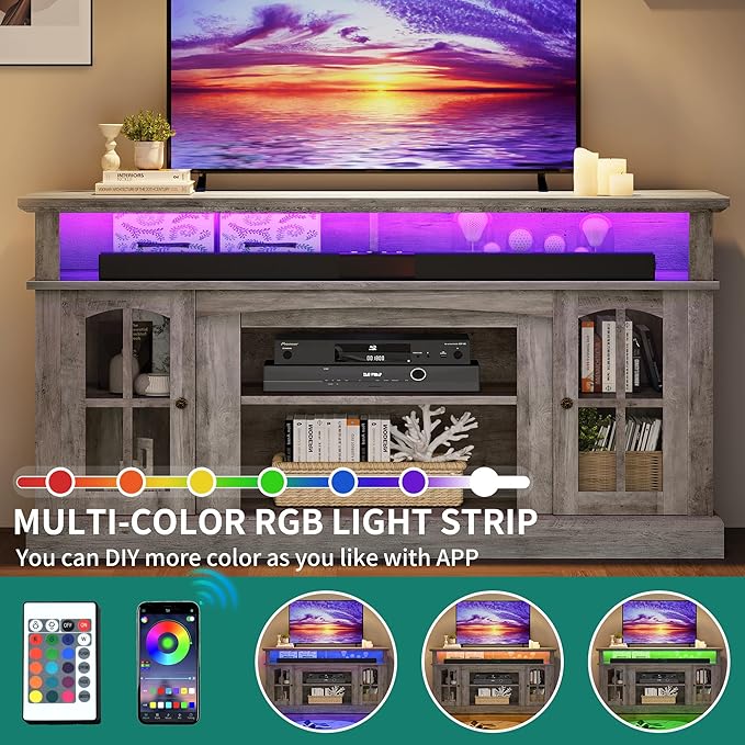 YITAHOME LED Farmhouse TV Stand for TV up to 65 Inch w/Outlets, Highboy Media Entertainment Center Console Table Adjustable Storage Shelves &Cabinet Glass Door for 400lbs for Living Room, Rustic Gray - LeafyLoom