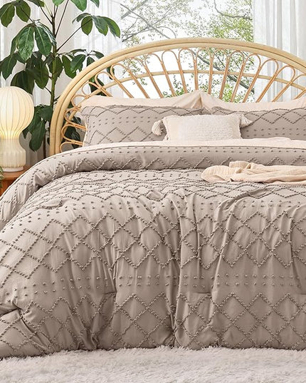 Bedsure Full Size Comforter Set - Taupe Comforter, Boho Tufted Shabby Chic Bedding Comforter Set, 3 Pieces Vintage Farmhouse Bed Set for All Seasons, Fluffy Soft Bedding Set with 2 Pillow Shams - LeafyLoom