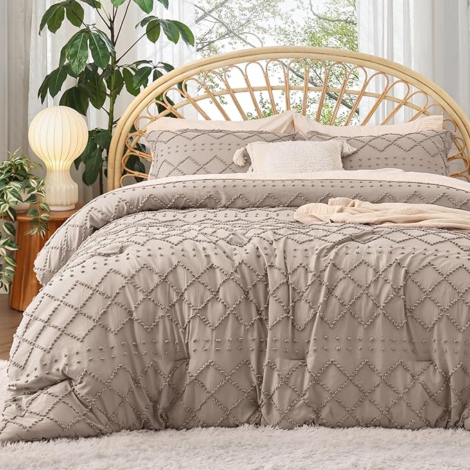Bedsure Twin/Twin XL Comforter Set - Taupe Boho Twin Extra Long Comforter Set for College, Shabby Chic Dorm Bedding Set, 2 Pieces Modern Farmhouse Bed Set, includes 1 Pillow Sham - LeafyLoom
