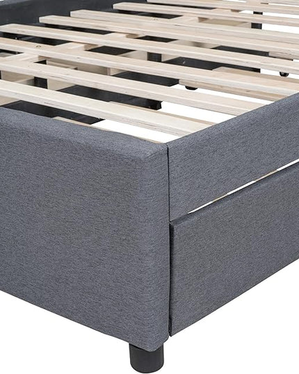 Full Size Linen Upholstered Platform Bed with 2 Drawers and Twin Size Trundle,Solid Wood Bed Frame w/Classic Headboard Design,for Bedroom,Apartment,Living Room,Gray - LeafyLoom