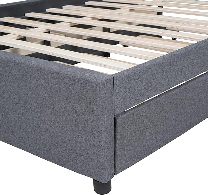 Full Size Linen Upholstered Platform Bed with 2 Drawers and Twin Size Trundle,Solid Wood Bed Frame w/Classic Headboard Design,for Bedroom,Apartment,Living Room,Gray - LeafyLoom