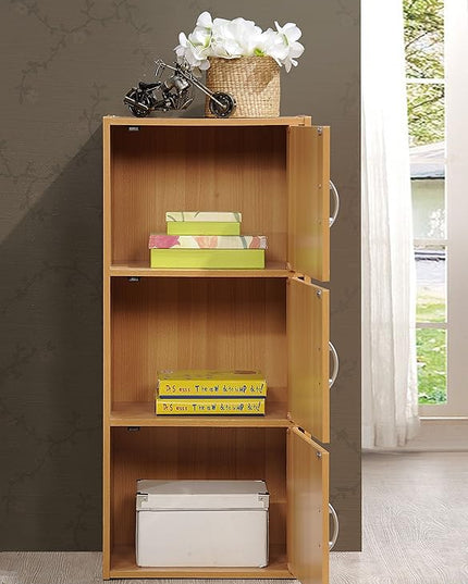 HODEDAH 3 Door Bookcase Cabinet, Beech - LeafyLoom