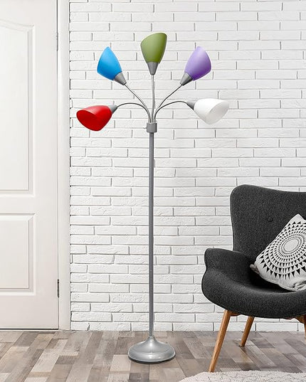 Simple Designs LF2006-SDM 67" Contemporary Multi Head Medusa 5 Light Adjustable Gooseneck Silver Floor Lamp with Primary Dark Multicolored Shades for Kids Bedroom Playroom Living Room Office - LeafyLoom