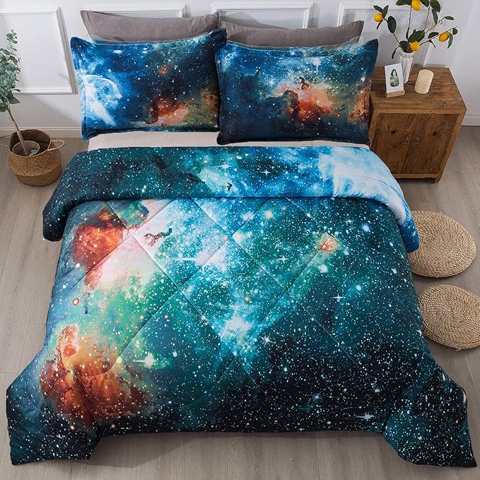 Litanika 3D Galaxy Comforter Queen(90x90lnch), 3 Pieces(1 Galaxy Comforter, 2 Pillowcases), Universe Nebula Outer Space Comforter, Microfiber Bedding Set for Boys Kids - LeafyLoom