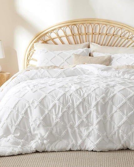Bedsure Boho Comforter Set King - White Tufted Bedding Comforter Set, 3 Pieces Farmhouse Shabby Chic Embroidery Bed Set, Soft Fluffy Geometric Pattern Comforter for All Seasons - LeafyLoom