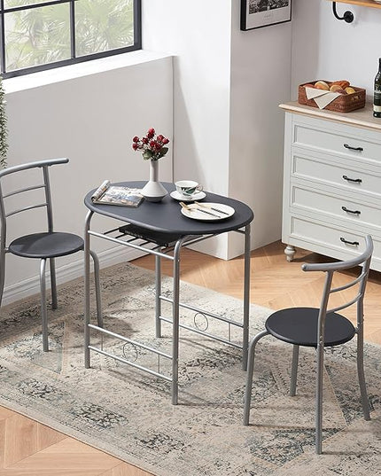 VECELO 3 Piece Small Round Dining Table Set for Kitchen Breakfast Nook, Wood Grain Tabletop with Wine Storage Rack, Save Space, 31.5 Inch, Black and Silver - LeafyLoom