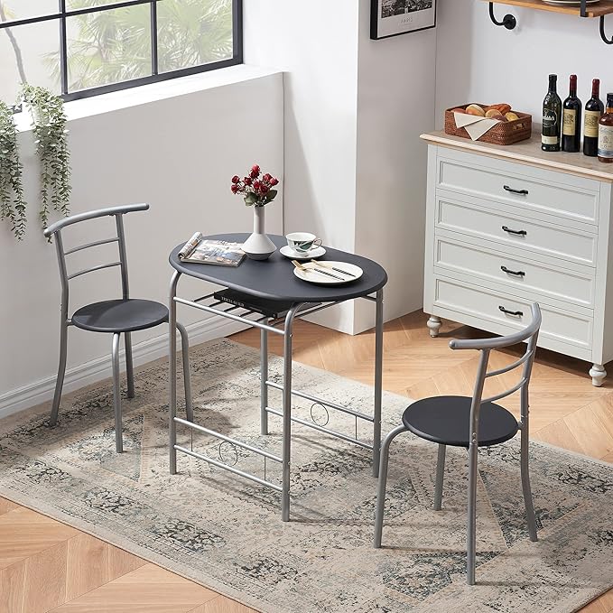 VECELO 3 Piece Small Round Dining Table Set for Kitchen Breakfast Nook, Wood Grain Tabletop with Wine Storage Rack, Save Space, 31.5 Inch, Black and Silver - LeafyLoom